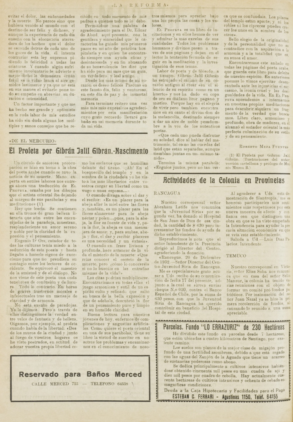 Roberto Meza Fuentes, "El Profeta por Gibran Jalil Gibran", La Reforma, Jan 7, 1933, p. 2.